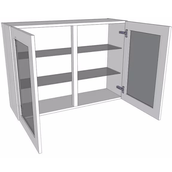 Glazed tall double wall unit with glass shelves with doors/drawer fronts