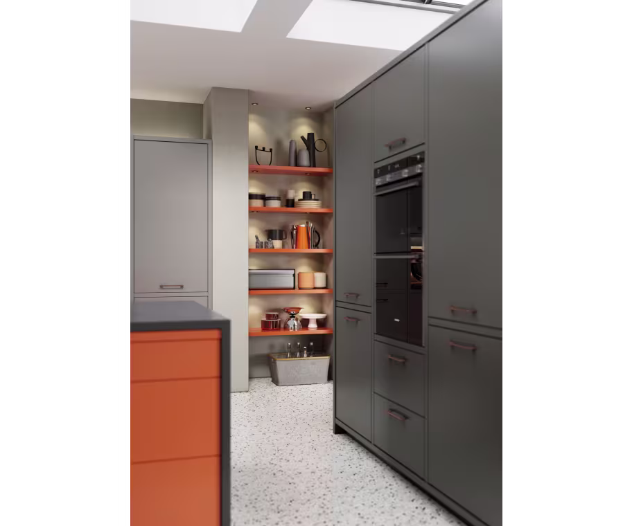 Zola Soft Matte orange, dust grey and graphite kitchen with kitchen island replacement cabinet, cupboard doors and drawer fronts