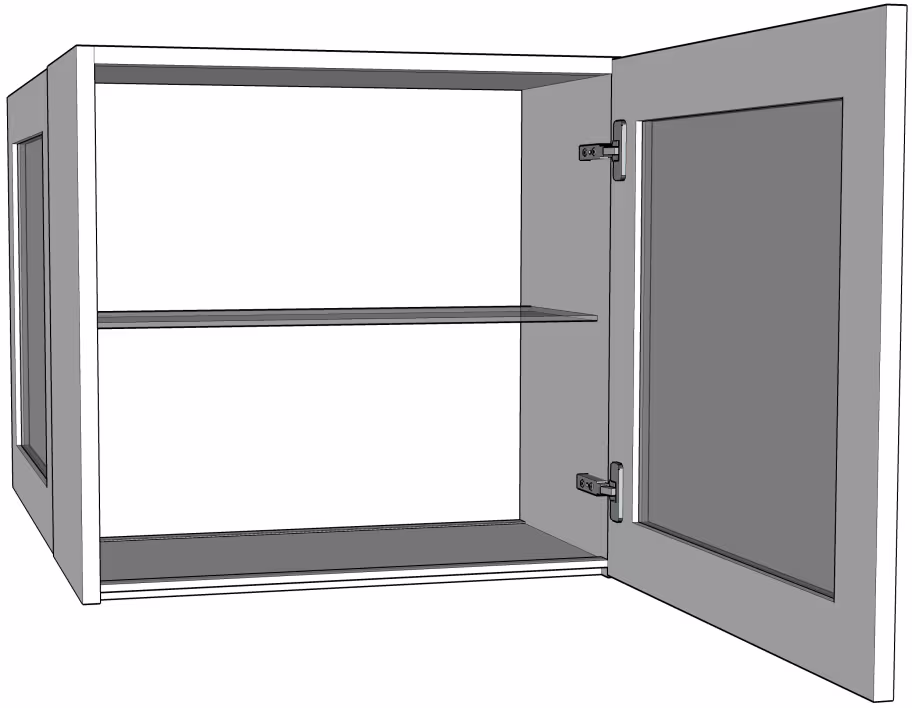 Peninsula glazed wall unit with glass shelf, low 575mm high True Handleless version