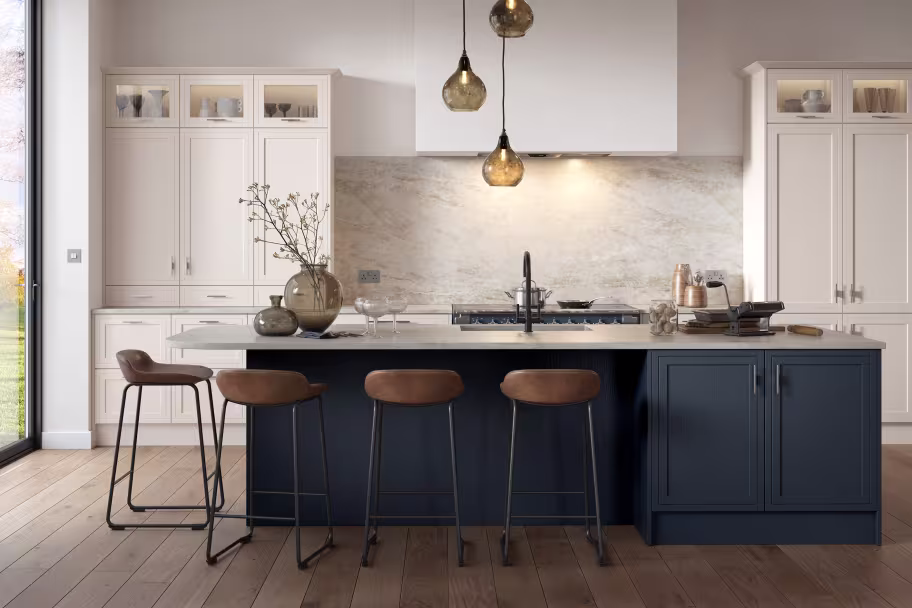 Arrington inframe style Shaker kitchen in dark blue and cream with kitchen island, replacement cabinets, doors and drawer fronts.