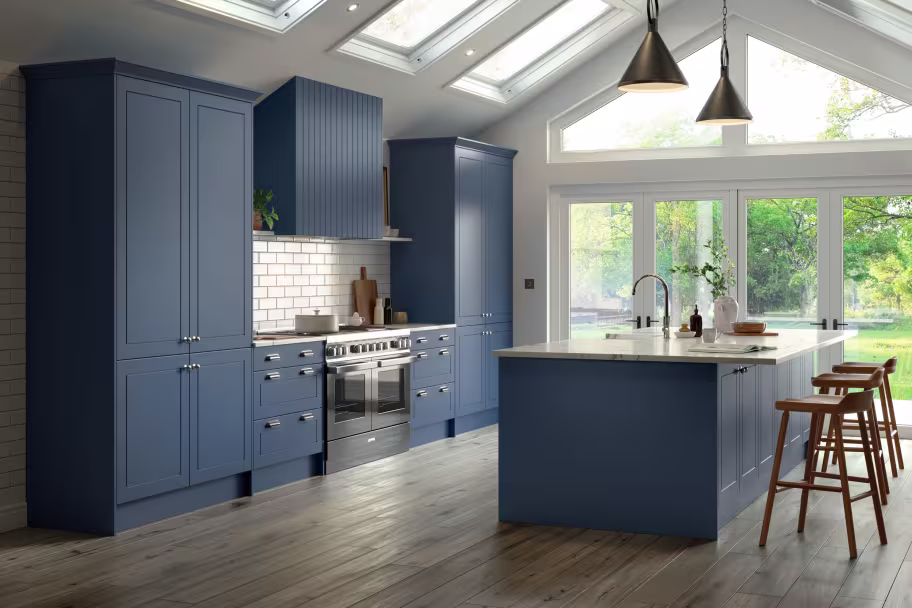 Dalton V-Groove slab door matt colonial blue with kitchen island replacement kitchen cabinets, cupboard doors, and drawer fronts.