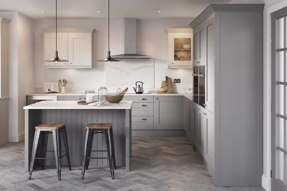 Milbourne Dust Grey and Gove Grey Shaker style kitchen with kitchen island and tall cabinets; replacement kitchen cupboard doors and drawer fronts