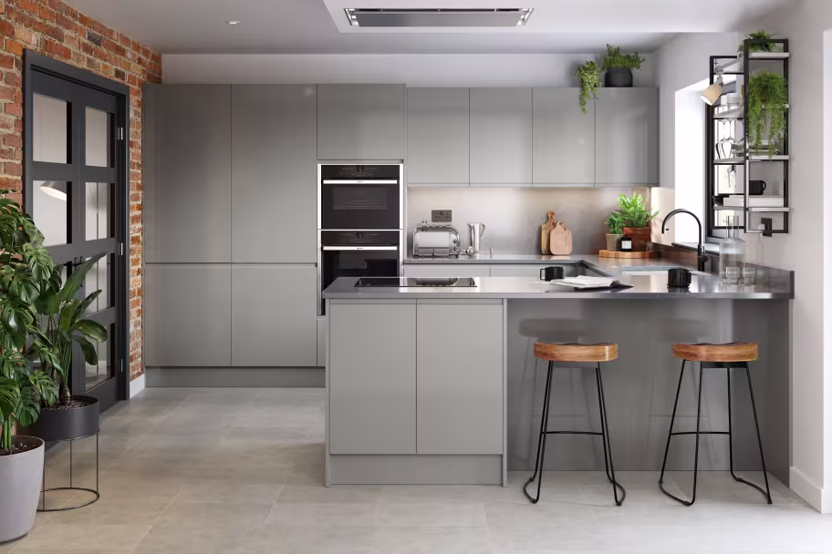 Remo Silver-Grey Gloss handleless kitchen with integrated j-pull handle integrated j-pull handle replacement kitchen cupboard doors and drawer fronts