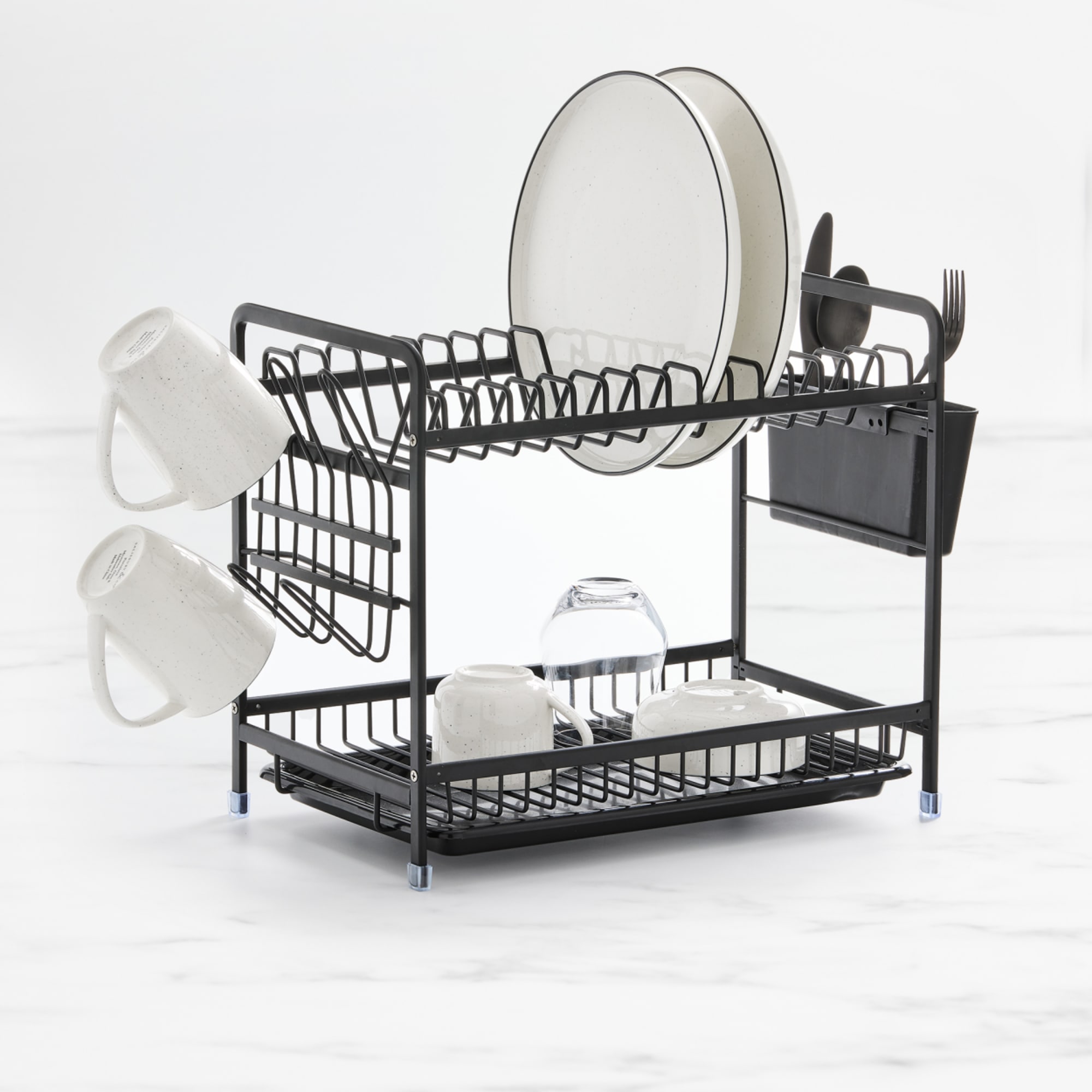 Viviendo 2 Tier Dish Drainer with Cutlery Holders Black