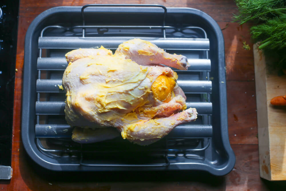 Pan Overhead with Chicken prepped for Oven