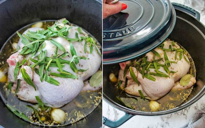 Adding the stock, fennel, garlic, and tarragon