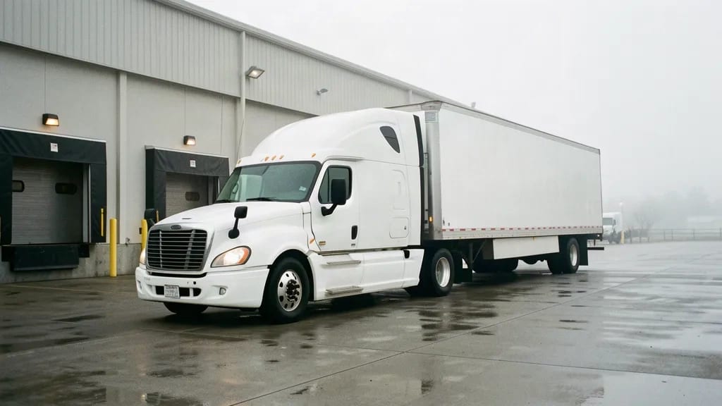 A white tractor and refrigerated trailer backed up to a produce dock on a cold morning. The kind of equipment we run.
