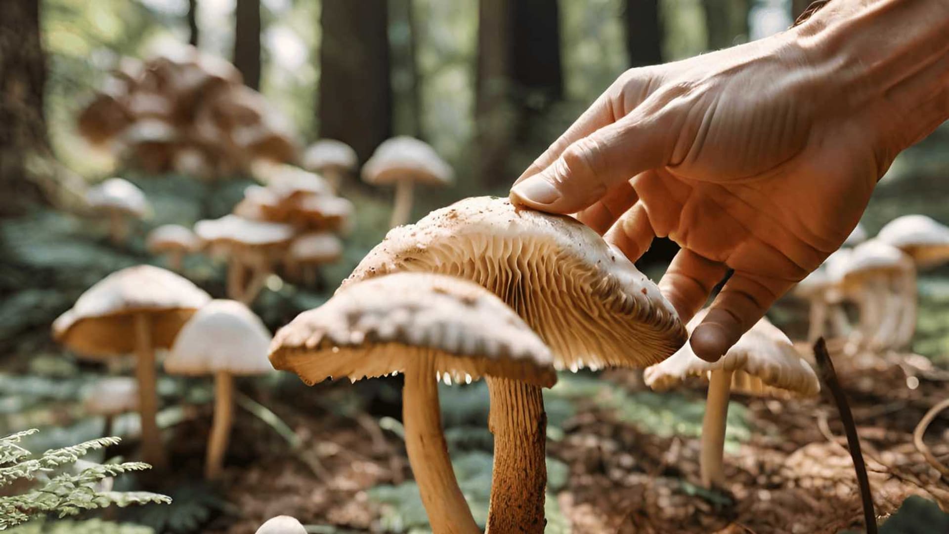 Mano recolectando hongos en el bosque