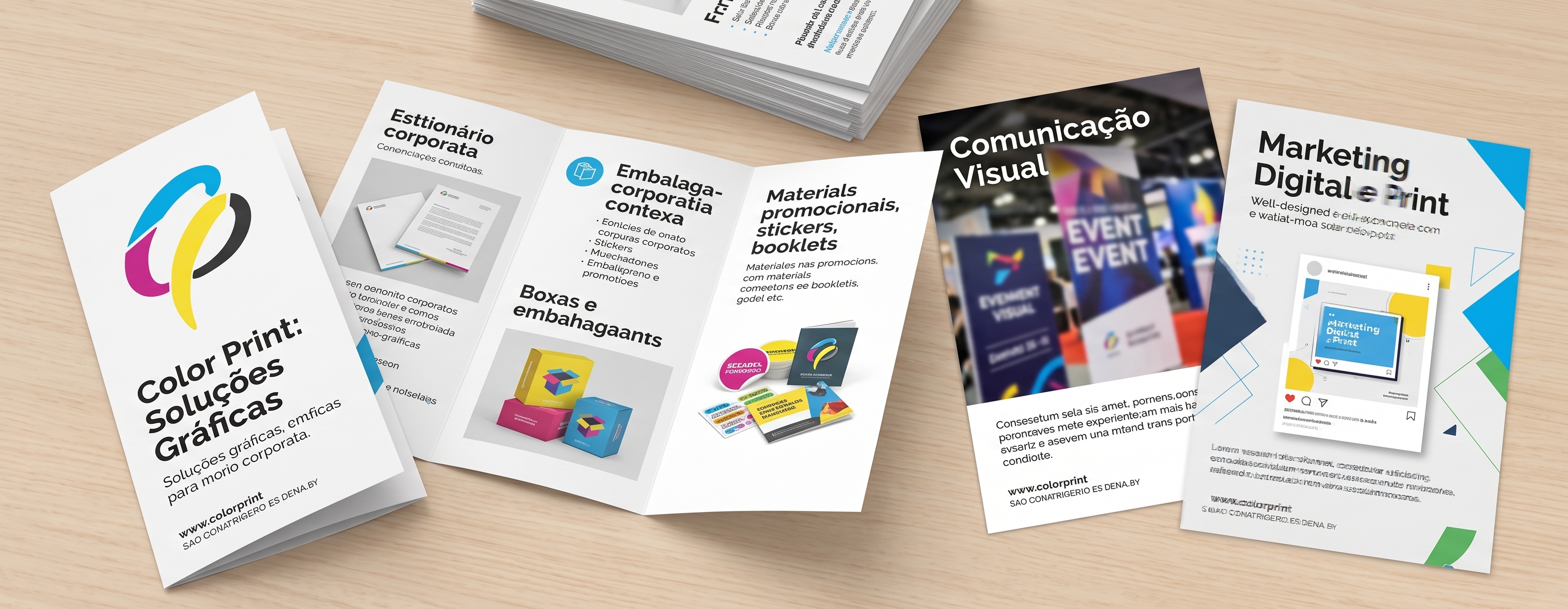 Panfletos, folders e flyers coloridos
