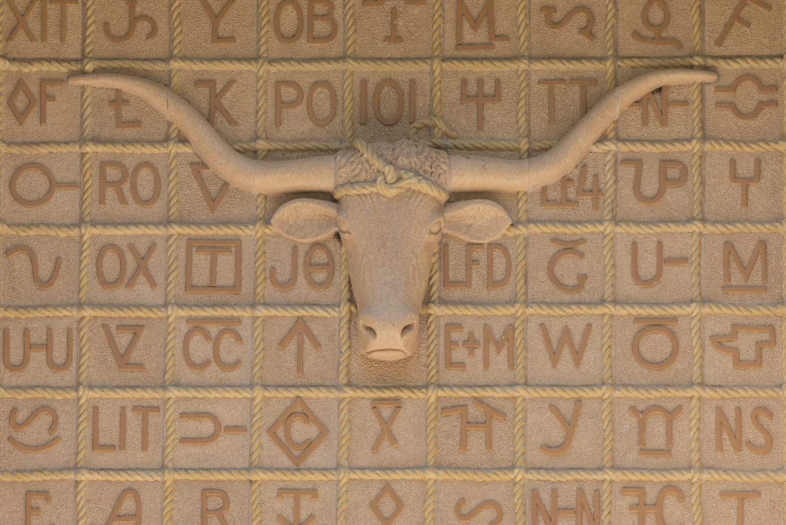 A carved longhorn steer head surrounded by rows of ranch brands in the limestone front of Pioneer Hall at the Panhandle-Plains Historical Museum.