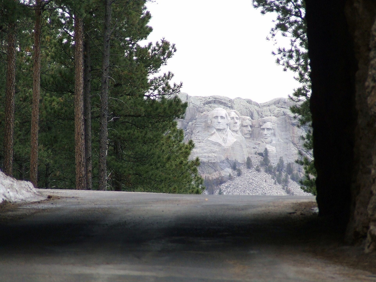 Mount Rushmore framed at the end of a rock tunnel on the Iron Mountain Road, with ponderosa pines on either side