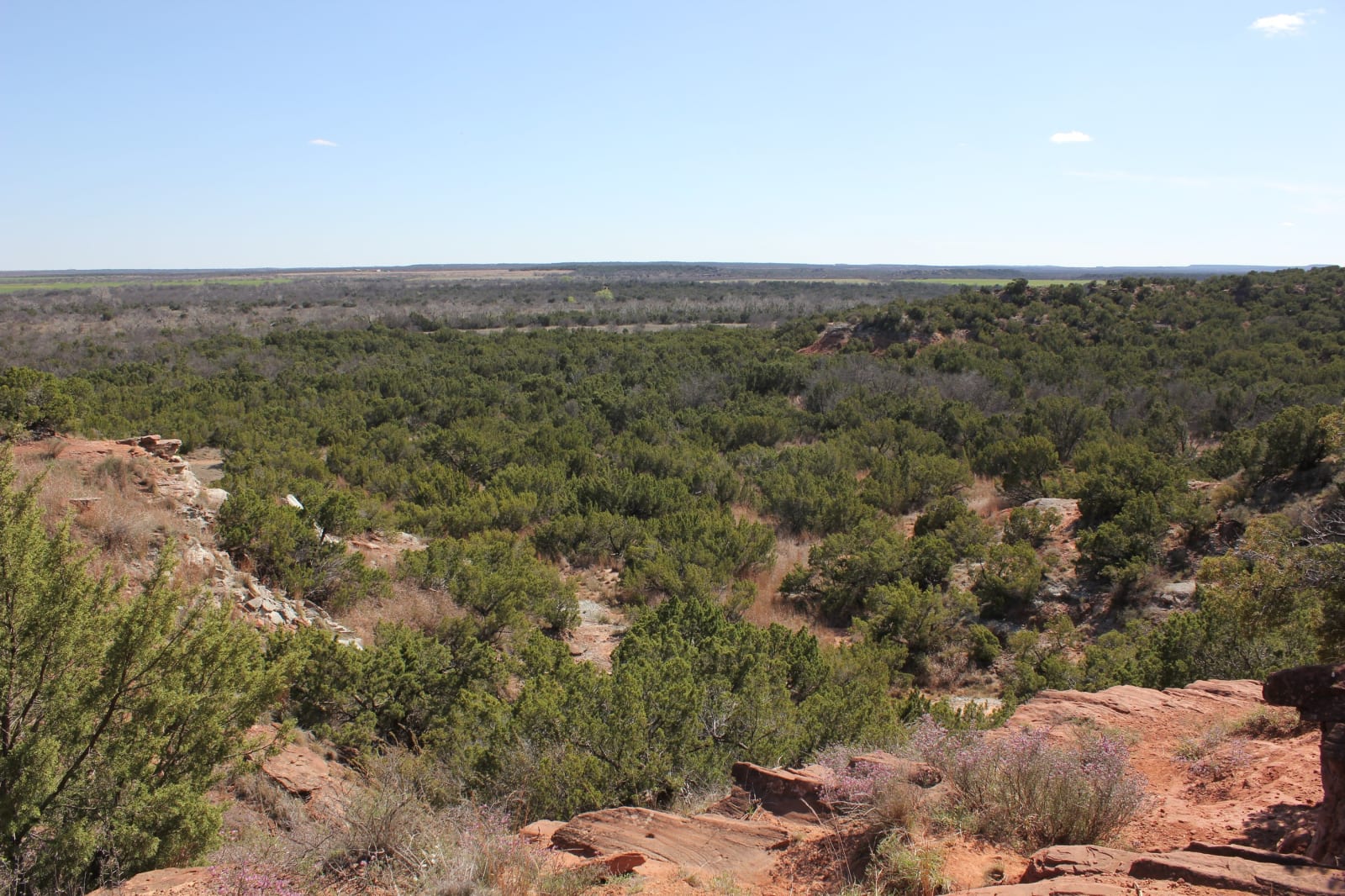 Red sandstone ledges and juniper-covered breaks rolling away to a flat horizon at Copper Breaks State Park on the Pease River.