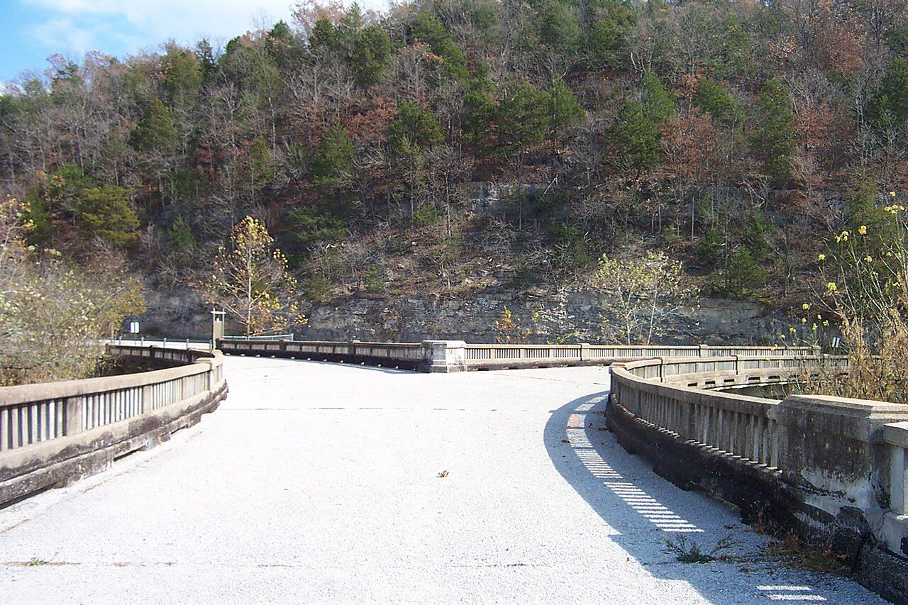 The old Y-Bridge at Galena with the wooded bluffs of the James River valley beyond.