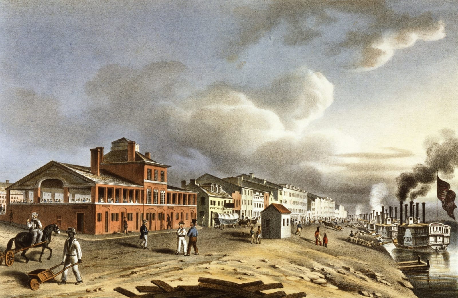 A hand-colored lithograph from about 1840 of Front Street on the St. Louis levee, with steamboats moored along the Mississippi.