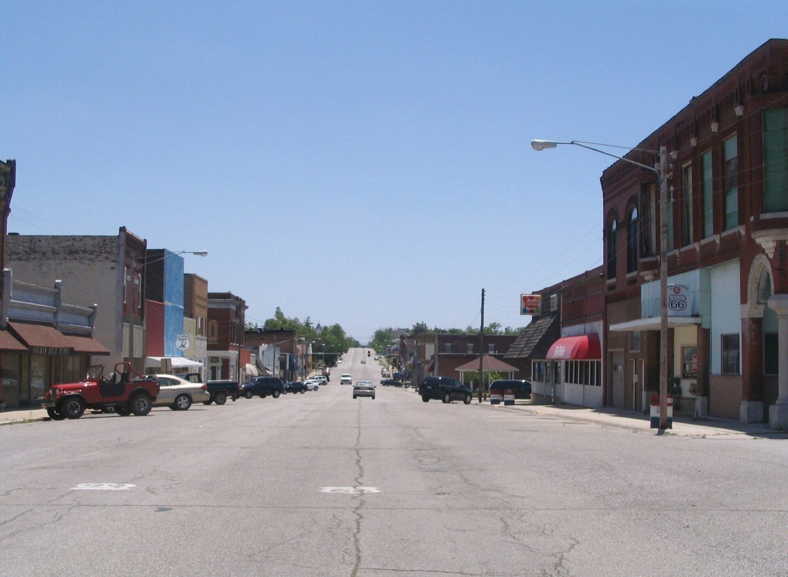 Main Street in Galena, Kansas, looking south from Fourth Street, with brick storefronts along the old Route 66 alignment.