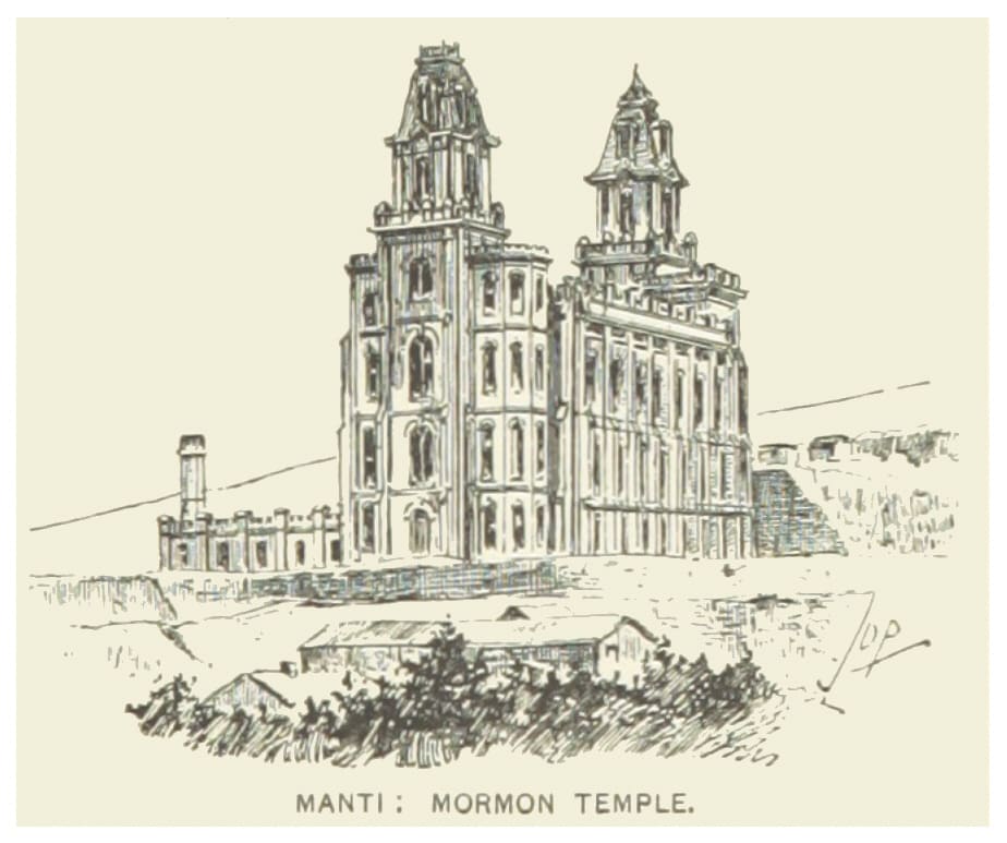 An 1891 engraving of the Manti Temple in Sanpete Valley, Utah, dedicated in 1888 and built by the region's Mormon settlers, many of them Scandinavian immigrants.