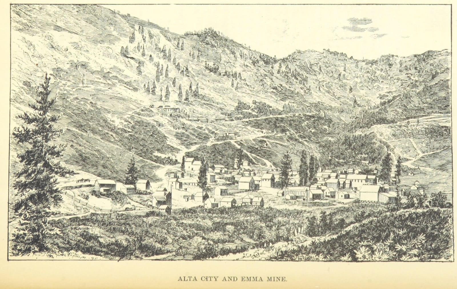 An 1879 wood engraving, "Alta City and Emma Mine," showing the silver-mining town of Alta in Utah's Little Cottonwood Canyon, with mine workings cut into the surrounding Wasatch hillsides.