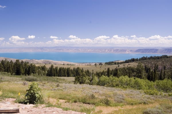 A large turquoise lake filling a broad valley, seen from a wooded slope well above it. Sagebrush and scattered conifers cover the foreground, a low tan shoreline runs along the far side, and flat-topped ridges close the horizon under a line of cumulus.