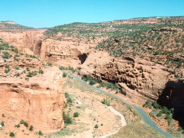 A two-lane paved road running along the floor of a red sandstone canyon, seen from above — sheer cliffs and a detached buttress at left, a pitted cross-bedded wall with dark alcoves at right, a green ribbon of brush following the pavement, and a dirt track branching off toward the foreground. Juniper-dotted slopes climb to a wooded rim under a cloudless deep blue sky.