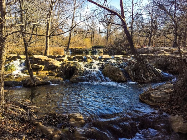 Water spilling over travertine ledges on a wooded creek in the Chickasaw National Recreation Area.