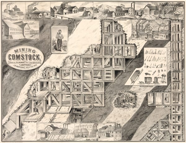 An 1876 lithograph, "Mining on the Comstock," showing a cutaway of the lode's underground timbering and shafts with miners at work, ringed by vignettes of the Ophir, California, Consolidated Virginia, Crown Point and Belcher works above ground.