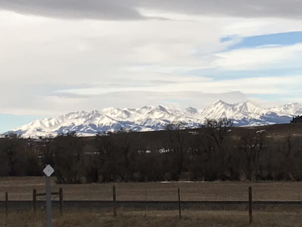 The snow-covered Crazy Mountains in winter, seen across fenced pasture and bare cottonwoods under a broad sky