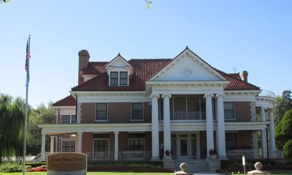 The columned Neo-Classical front of the Frank Phillips Home in Bartlesville.