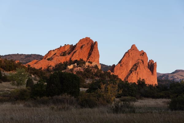 Red sandstone fins in the Garden of the Gods lit by early sun