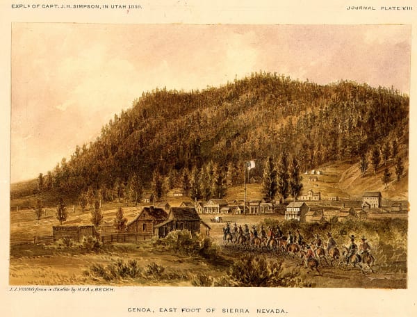Plate VIII from Captain J. H. Simpson's 1859 expedition report — a tinted lithograph of log and frame buildings below a steep pine-covered slope, a column of mounted riders passing in the foreground, captioned "Genoa, East Foot of Sierra Nevada."