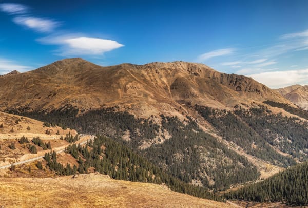 Tundra slopes and forested valley below the summit of Independence Pass