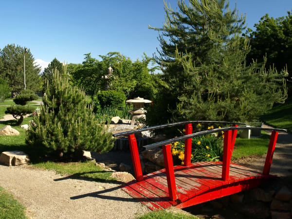 The Japanese garden at the International Peace Gardens — a red-painted wooden footbridge with peeling paint arching over a shallow stone-lined stream, a carved stone lantern standing beside the water and a taller stone figure among the trees behind, with clipped pines, gravel paths and yellow day lilies in bloom under a clear blue sky.