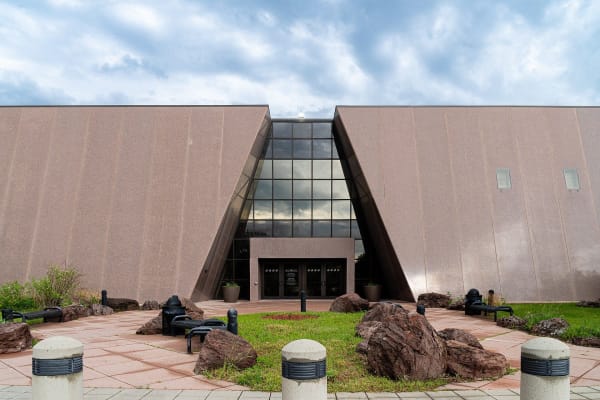 The angular stone and glass entrance of the Journey Museum and Learning Center in Rapid City