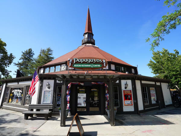 The octagonal dance pavilion at Lake Arrowhead Village, the one building left standing after the 1979 burn, now a restaurant.