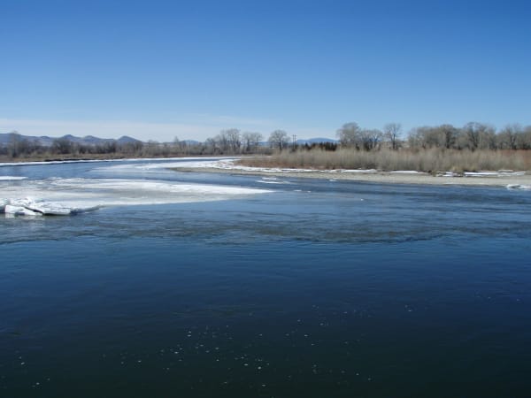The Madison and Jefferson rivers meeting at the Missouri Headwaters, broad dark water under a clear sky with cottonwoods on the far bank
