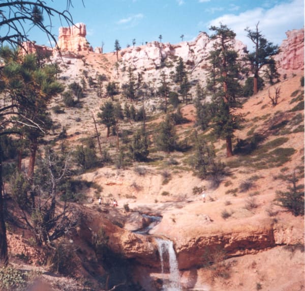 A small waterfall spilling over a red rock ledge in the foreground, its stream running down bare slickrock above. A pink and white slope studded with ponderosa pines and junipers climbs behind, with white fins and a taller orange hoodoo along the skyline at left, and several small indistinct figures stand on the rock beside the water. The sky above is blue with light cloud.