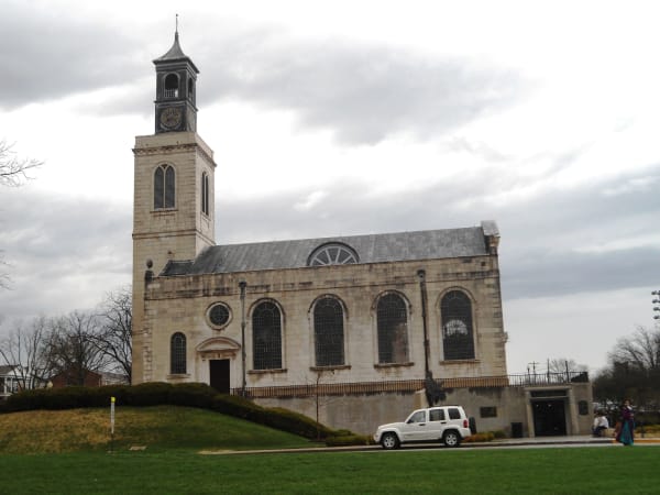 The rebuilt Church of St. Mary Aldermanbury with its white stone tower at the National Churchill Museum in Fulton.
