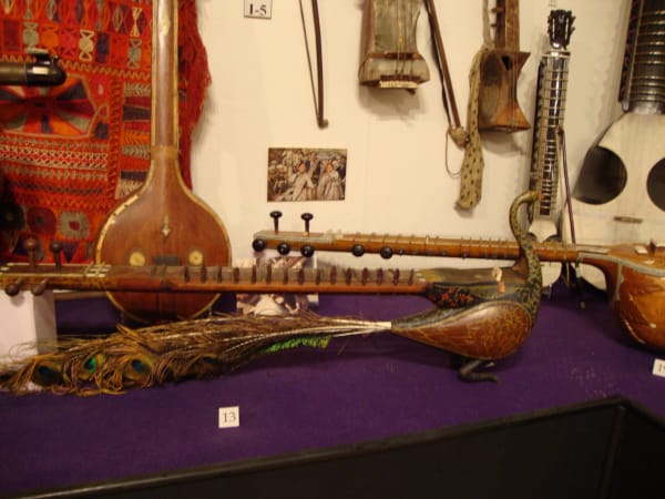 A sitar, a peacock-headed stringed instrument and other folk instruments in a gallery case at the National Music Museum