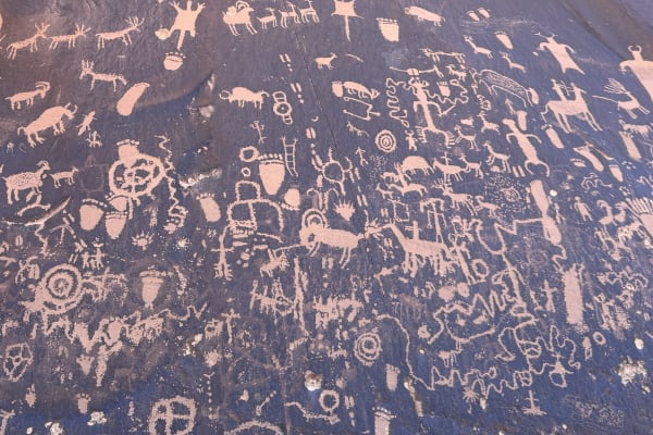 A dark rock face densely covered with hundreds of pale petroglyphs pecked through the surface: human figures, horned animals, riders on horseback, bear and human footprints, spirals, circles and abstract forms, overlapping across the whole panel in many styles and depths of weathering.