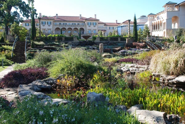 Terraced gardens and plantings below the Philbrook villa in Tulsa.