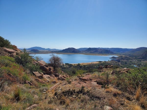 Granite slopes above Lake Altus-Lugert, seen from the New Horizon Trail at Quartz Mountain.