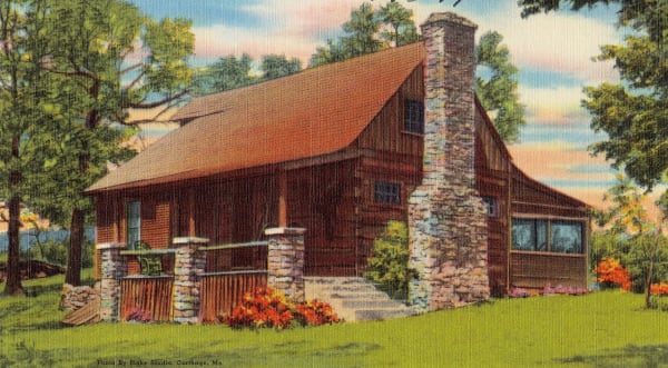A linen postcard of Old Matts Cabin, a log house with a stone chimney, in the Shepherd of the Hills country.