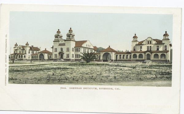 A 1903 postcard view of the Sherman Institute campus at Riverside, its buildings standing on open ground.