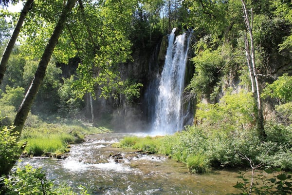 Spearfish Falls pouring over a limestone ledge into the creek below, framed by green woods