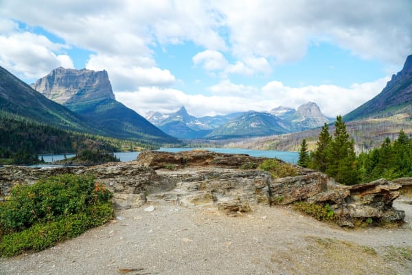 The view from the rock ledge at Sun Point over St. Mary Lake to the mountains on the far shore