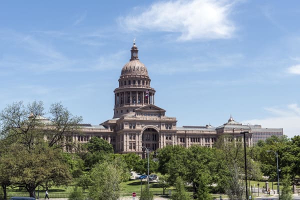 The pink granite Texas State Capitol and its dome rising above trees on the Capitol grounds in Austin under a blue sky.