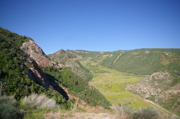 The valley at Thistle seen from the hillside above — a broad green flat where the landslide dammed the canyon, now grassed over and crossed by a dirt track, with a scarred slope of grey and rust-red rock falling away at left, brush-covered ridges closing in on both sides and a cloudless deep blue sky above.