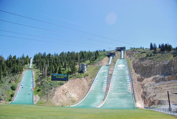 Three ski jump landing hills surfaced in green matting running down a wooded slope, marked with white distance lines and carrying Olympic rings and a snowflake emblem. Inrun towers stand at the top against blue sky, and a mown outrun fills the foreground.