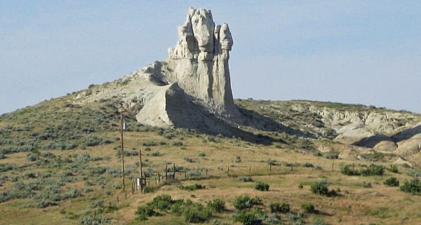 Teapot Rock, a weathered white sandstone knob above sagebrush hills north of Casper, its spout long since broken away