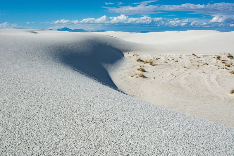 A sunlit crest of white gypsum dune curving across White Sands, grasses in a hollow and blue mountains on the horizon