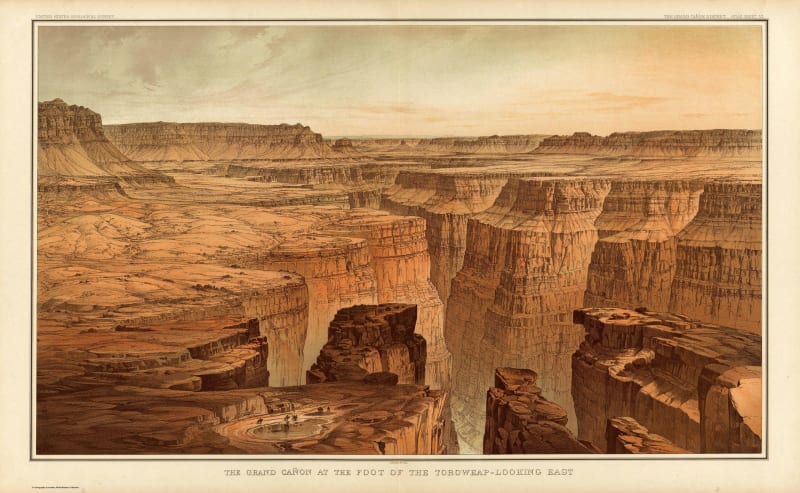 Atlas Sheet VI from Clarence Dutton's 1882 Tertiary History of the Grand Canon District, printed complete with its survey headers and engraved caption — a lithograph by William Henry Holmes showing the Grand Canon at the foot of the Toroweap, looking east, the layered cliffs of the Colorado Plateau stepping down to the inner gorge.